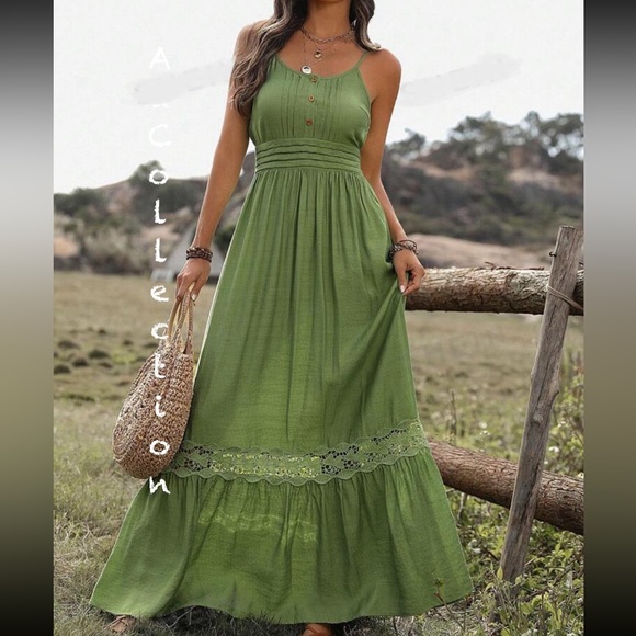 Boho Sheer Mesh Floral Lace Cami Tank Top Maxi Dress Green - Picture 4 of 4